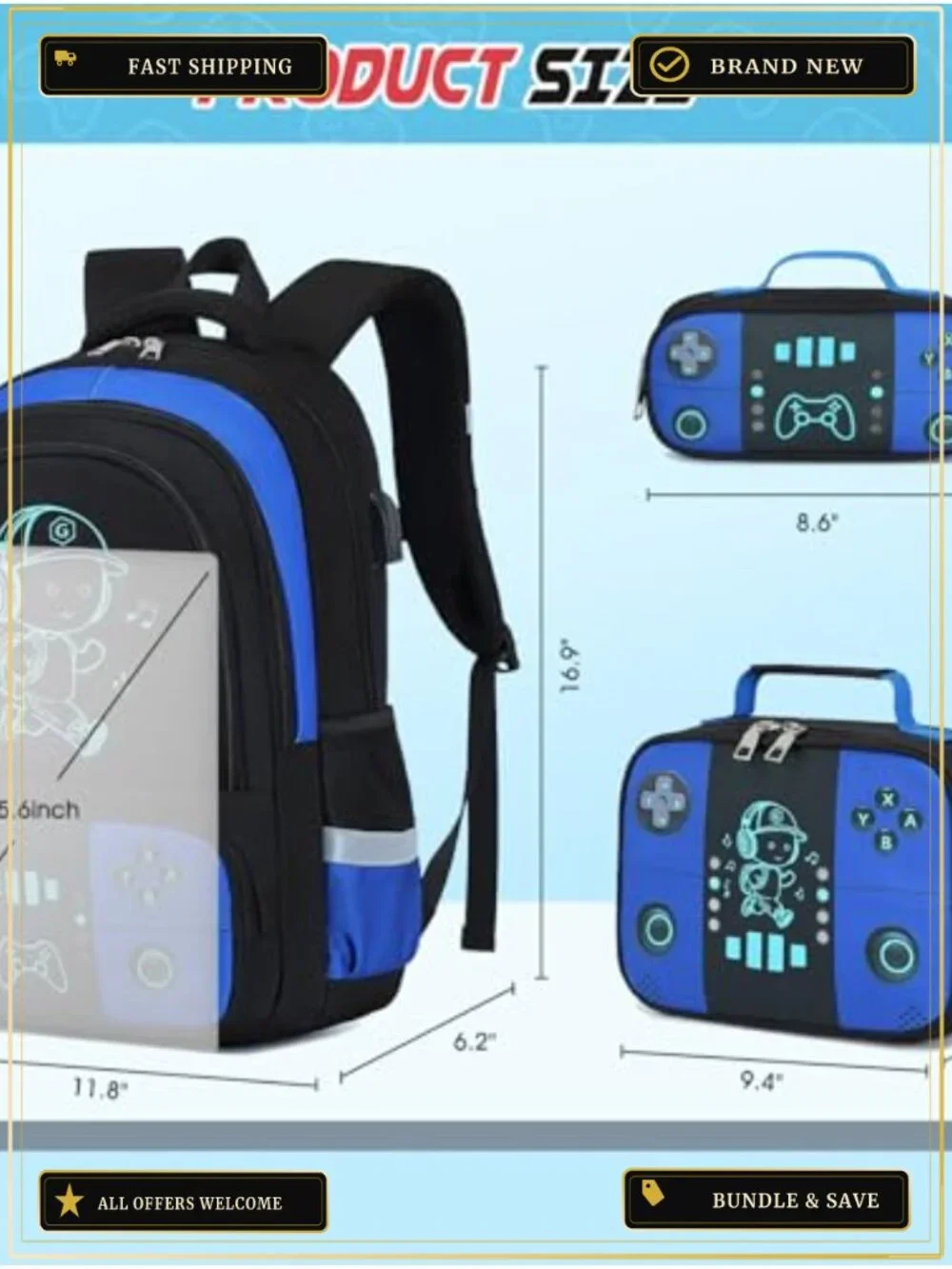 Luminous Gamer Backpack Set with Lunch Box & Pencil Case for Boys